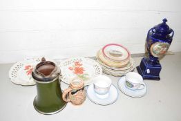 Mixed Lot: Various decorated plates, jugs, blue glazed vase etc