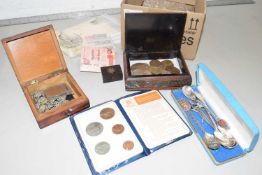 Box of various world coinage, collectors spoons and other items