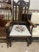 Early 20th Century oak carver chair with barley twist frame and tapestry seat