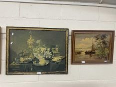 A reproduction still life, framed together with moored boats, oil on board, framed