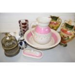 A pink decorated wash bowl jug and soap dish together with a pair of vases (5)