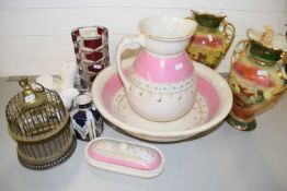 A pink decorated wash bowl jug and soap dish together with a pair of vases (5)