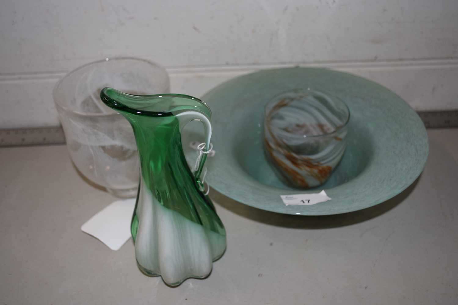 Mixed Lot: Art Glass wares to include a circular green marbled finish bowl, further vase signed