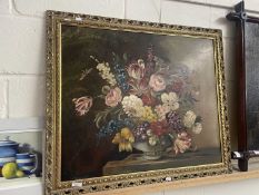 Still Life of Flowers in a Vase by E Vanderman, in reproduction gilt moulded frame