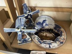 Chinese Imari style plate, two delft style clockwork windmills and other ceramics
