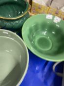 Mixed Lot: A pressed green glass bowl, two further jardiniere's and three teapots (6)