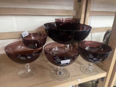 Burgundy glass fruit bowl and five similar dessert dishes