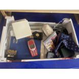 Mixed Lot: Box of assorted bygones, CD's, textiles, mobile phones etc