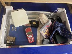 Mixed Lot: Box of assorted bygones, CD's, textiles, mobile phones etc