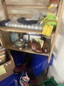 Mixed Lot: Golf balls, golf shoes, novelty golfing items, two caps Homer Simpson etc, two shelves