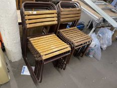 Ten vintage Cox slatted and metal framed stacking chairs