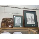 A decorative wall plaque and two black and white prints, Broadland scenes (3)