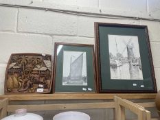 A decorative wall plaque and two black and white prints, Broadland scenes (3)