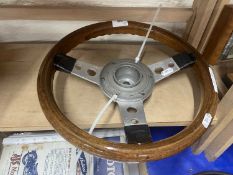 A Mountney wooden and chromed steering wheel