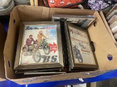 Box of framed motoring prints