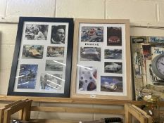 Two framed motoring montages, one of Porsche