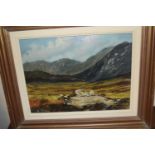 Sheep on a Hillside Path by B Timmons, oil on canvas, framed