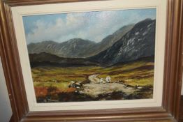 Sheep on a Hillside Path by B Timmons, oil on canvas, framed