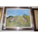 Hares in a field of daisies by Michael Morley dated 16, oil on board, framed