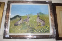 Hares in a field of daisies by Michael Morley dated 16, oil on board, framed