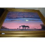 Shire horses working at sunset, oil on board by Michael Morley dated 15, in gilt frame