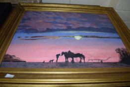 Shire horses working at sunset, oil on board by Michael Morley dated 15, in gilt frame
