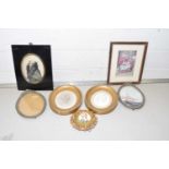 Group of various small pictures to include a gilt framed example, small porcelain plaque etc