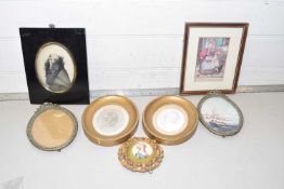 Group of various small pictures to include a gilt framed example, small porcelain plaque etc