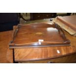 Small galleried mahogany serving tray set with inlaid shell decoration, 46cm wide