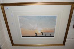 Watercolour of people of a path at sunset, by Michael Morley, glazed in gilt frame