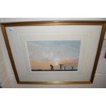 Watercolour of people of a path at sunset, by Michael Morley, glazed in gilt frame