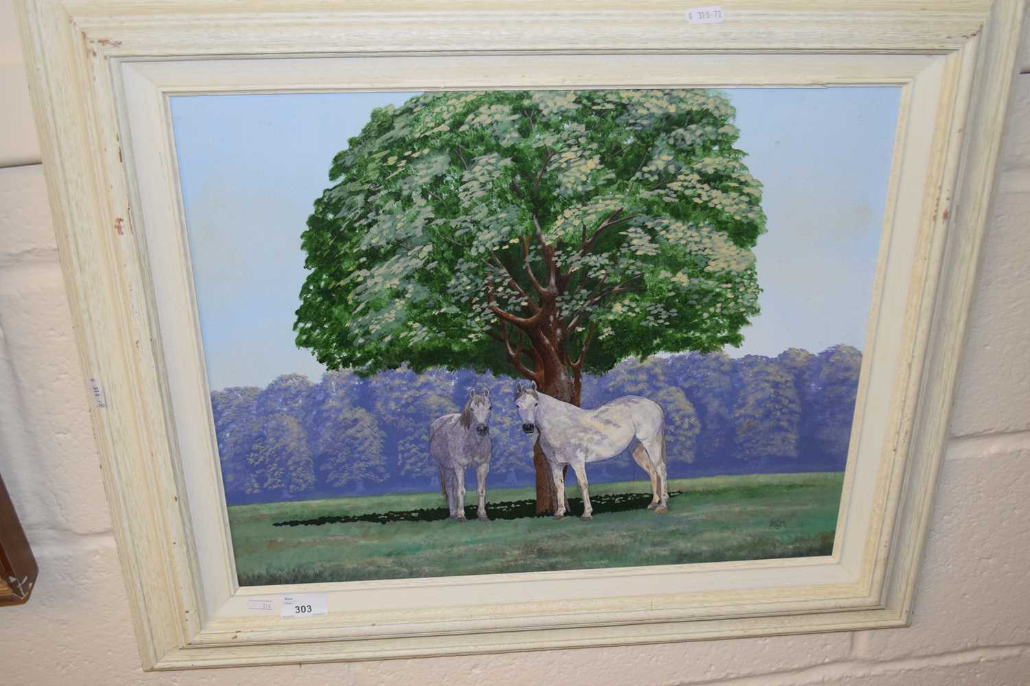 Pair of grey horses below a tree by Michael Morley, oil on board, framed