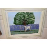 Pair of grey horses below a tree by Michael Morley, oil on board, framed