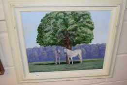 Pair of grey horses below a tree by Michael Morley, oil on board, framed