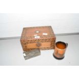 An inlaid jewellery box together with a further small base metal box and a ceramic tankard (3)