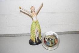 Continental Art Deco style porcelain figurine together with a modern Chinese reverse painted glass