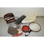 Mixed Lot: Cased manicure set, small bed pan, dressing table mirror and other items