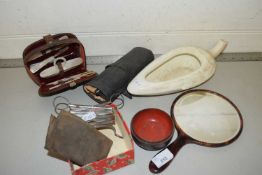 Mixed Lot: Cased manicure set, small bed pan, dressing table mirror and other items