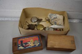 Box of mixed items to include various military cap badges, crested china wares, vintage scales,