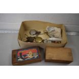 Box of mixed items to include various military cap badges, crested china wares, vintage scales,