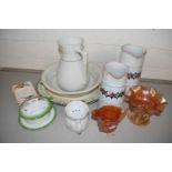 Mixed Lot: Various glass and ceramics to include Carnival Glass jug and dish, shaving mug, small