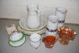 Mixed Lot: Various glass and ceramics to include Carnival Glass jug and dish, shaving mug, small