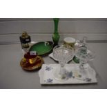 Mixed Lot: Various pottery and glass wares to include dressing table trays, glass bell, ruby and