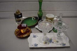 Mixed Lot: Various pottery and glass wares to include dressing table trays, glass bell, ruby and