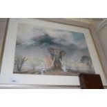 Reproduction print of an elephant in a landscape, glazed and framed