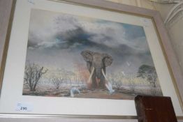 Reproduction print of an elephant in a landscape, glazed and framed