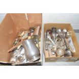 Two boxes of various assorted cutlery, pewter tankards etc