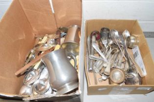 Two boxes of various assorted cutlery, pewter tankards etc