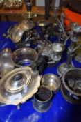 Mixed Lot: Various silver plated vases, candleabra, tea wares, gravy boats etc