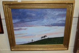 Shire Horse work on a field, by Michael Morley dated 15, oil on board in gilt frame